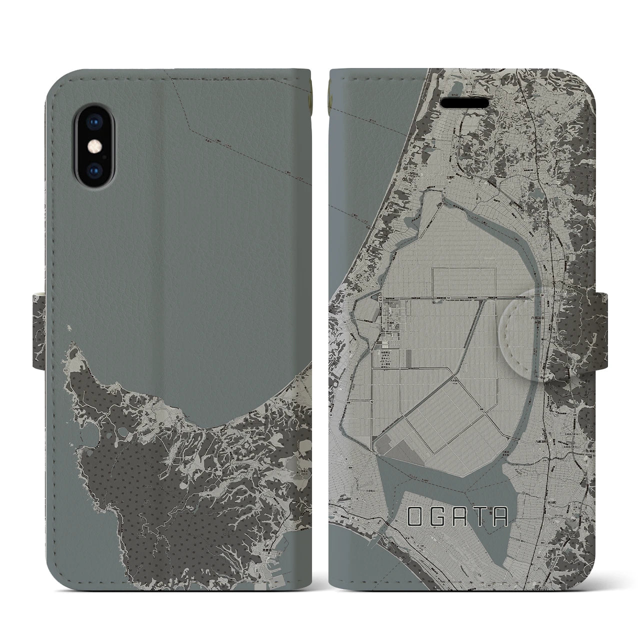 【大潟(秋田県)】地図柄iPhoneケース(手帳タイプ)モノトーン・iPhone XS / X 用