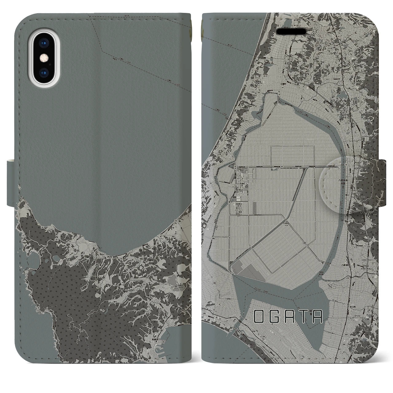 【大潟(秋田県)】地図柄iPhoneケース(手帳タイプ)モノトーン・iPhone XS Max 用