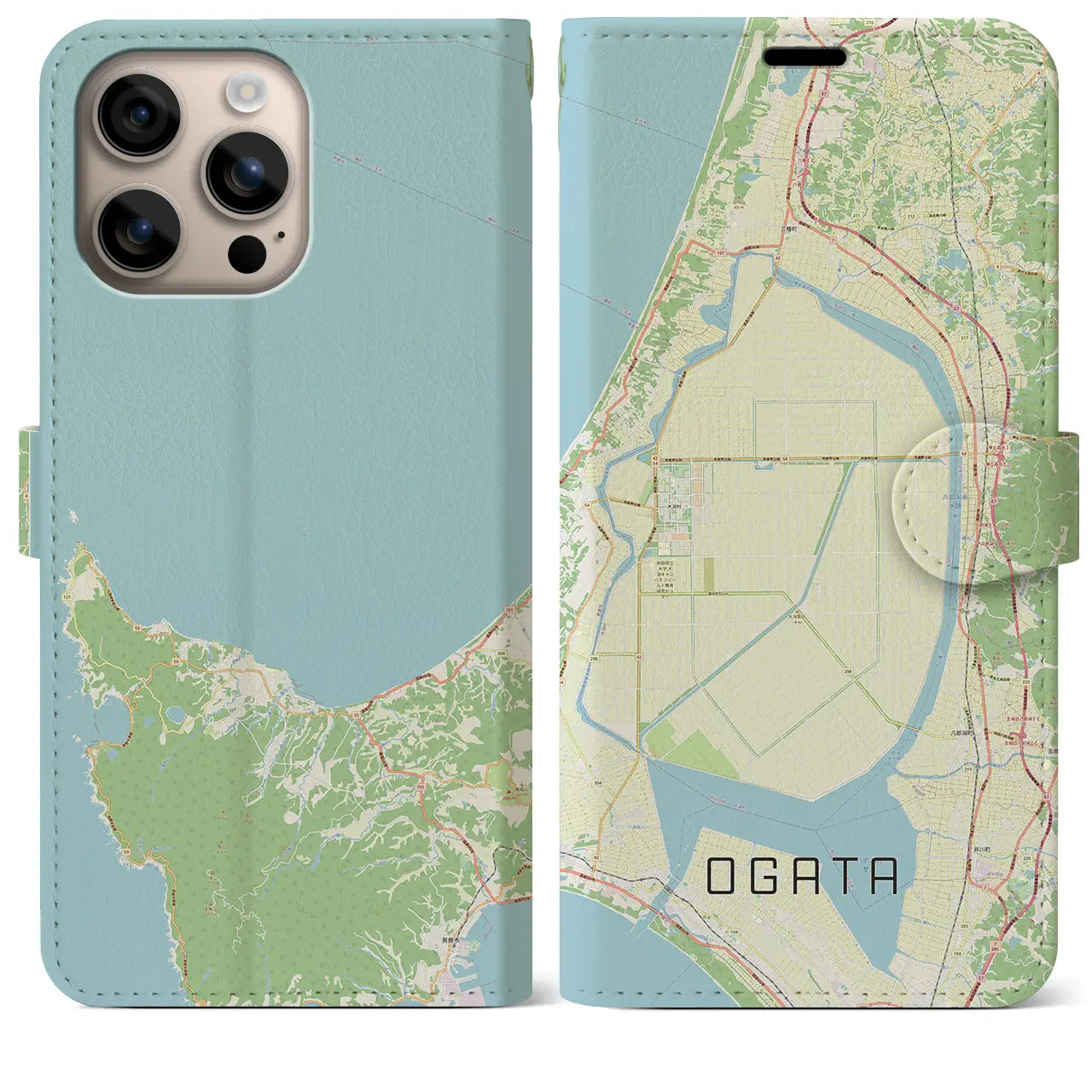 【大潟(秋田県)】地図柄iPhoneケース(手帳タイプ)ナチュラル・iPhone 16 Plus 用