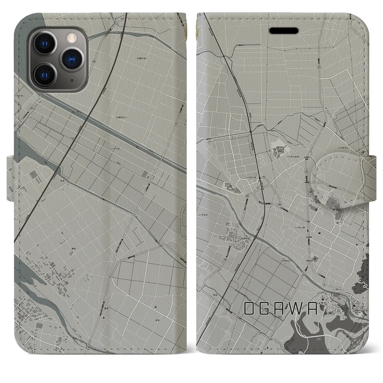 【小川(熊本県)】地図柄iPhoneケース(手帳タイプ)モノトーン・iPhone 11 Pro Max 用