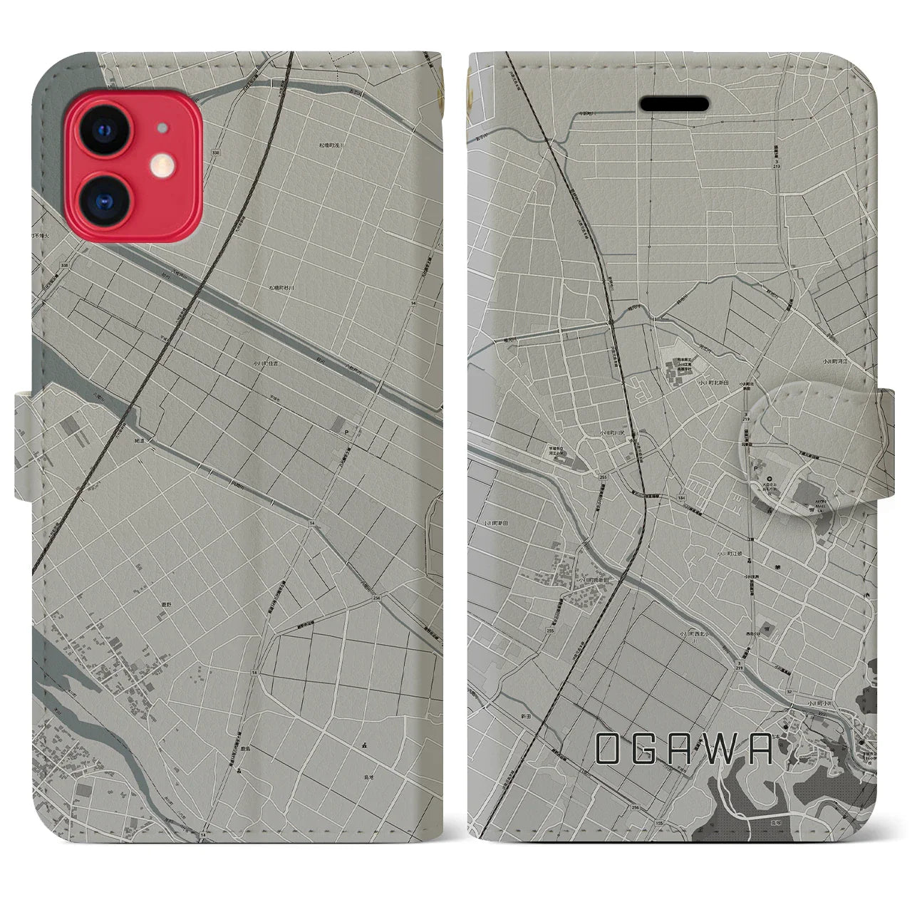 【小川(熊本県)】地図柄iPhoneケース(手帳タイプ)モノトーン・iPhone 11 用