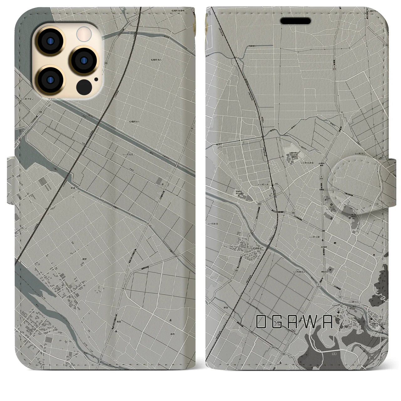 【小川(熊本県)】地図柄iPhoneケース(手帳タイプ)モノトーン・iPhone 12 Pro Max 用