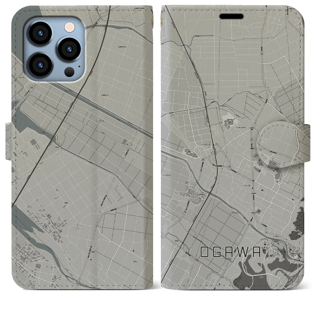 【小川(熊本県)】地図柄iPhoneケース(手帳タイプ)モノトーン・iPhone 13 Pro Max 用