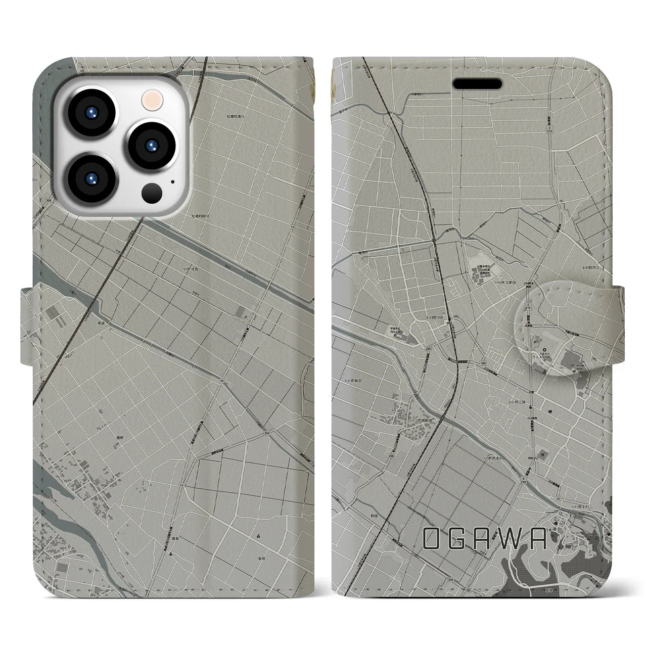 【小川(熊本県)】地図柄iPhoneケース(手帳タイプ)モノトーン・iPhone 13 Pro 用