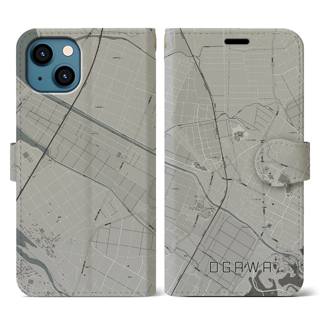 【小川(熊本県)】地図柄iPhoneケース(手帳タイプ)モノトーン・iPhone 13 用
