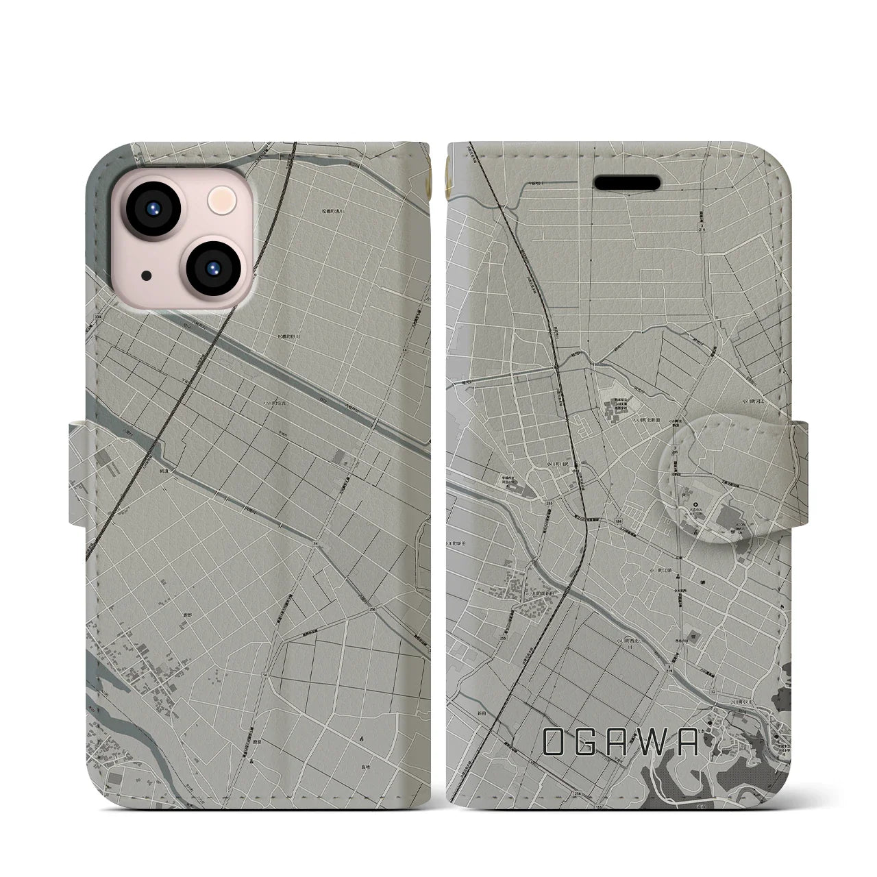 【小川(熊本県)】地図柄iPhoneケース(手帳タイプ)モノトーン・iPhone 13 mini 用