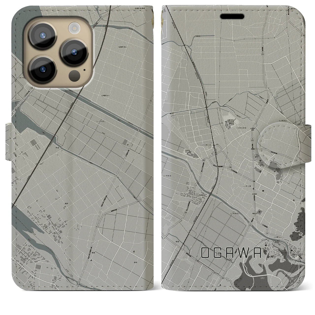 【小川(熊本県)】地図柄iPhoneケース(手帳タイプ)モノトーン・iPhone 14 Pro Max 用