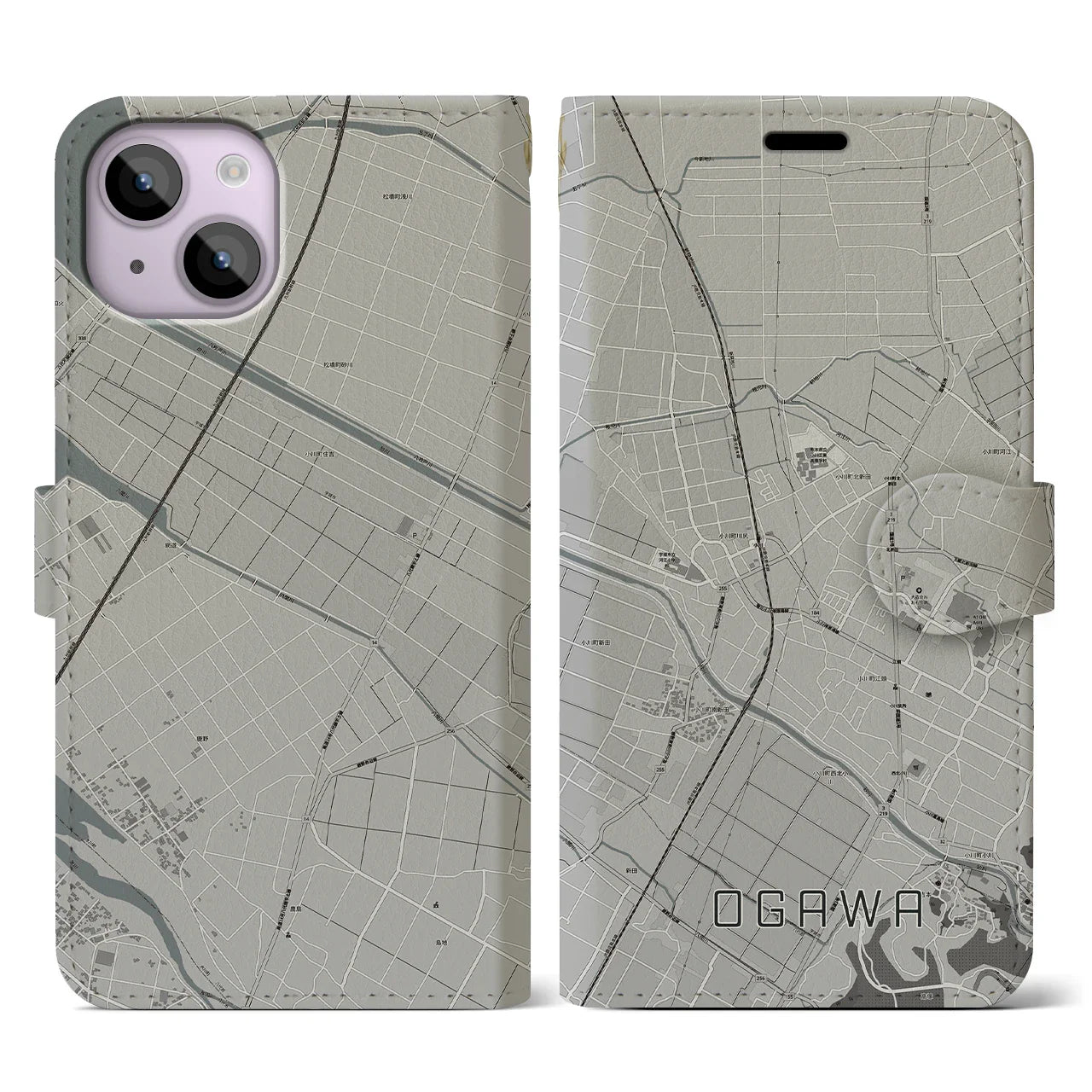 【小川(熊本県)】地図柄iPhoneケース(手帳タイプ)モノトーン・iPhone 14 用