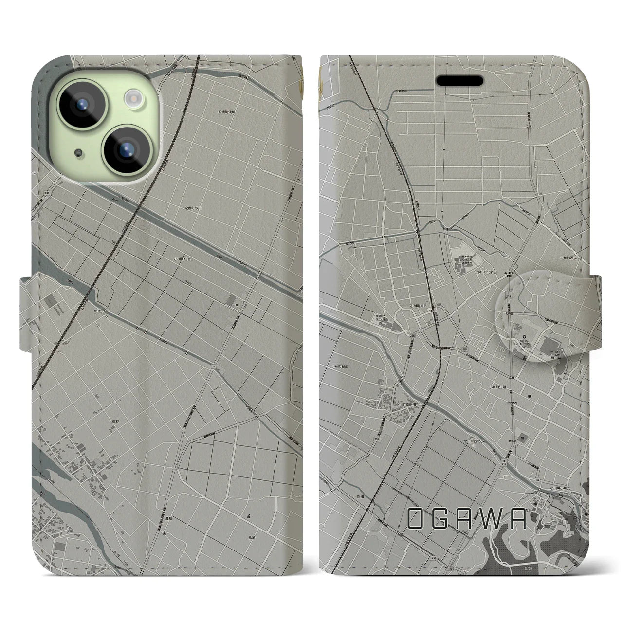 【小川(熊本県)】地図柄iPhoneケース(手帳タイプ)モノトーン・iPhone 15 用