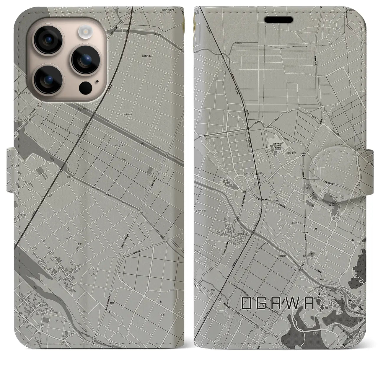 【小川(熊本県)】地図柄iPhoneケース(手帳タイプ)モノトーン・iPhone 16 Plus 用