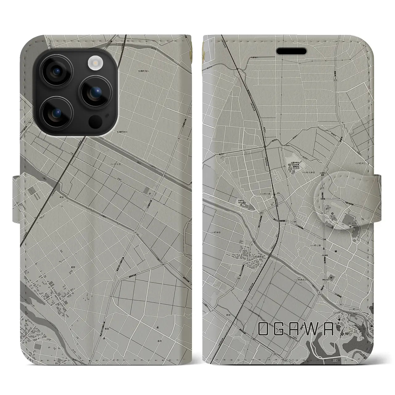 【小川(熊本県)】地図柄iPhoneケース(手帳タイプ)モノトーン・iPhone 16 用