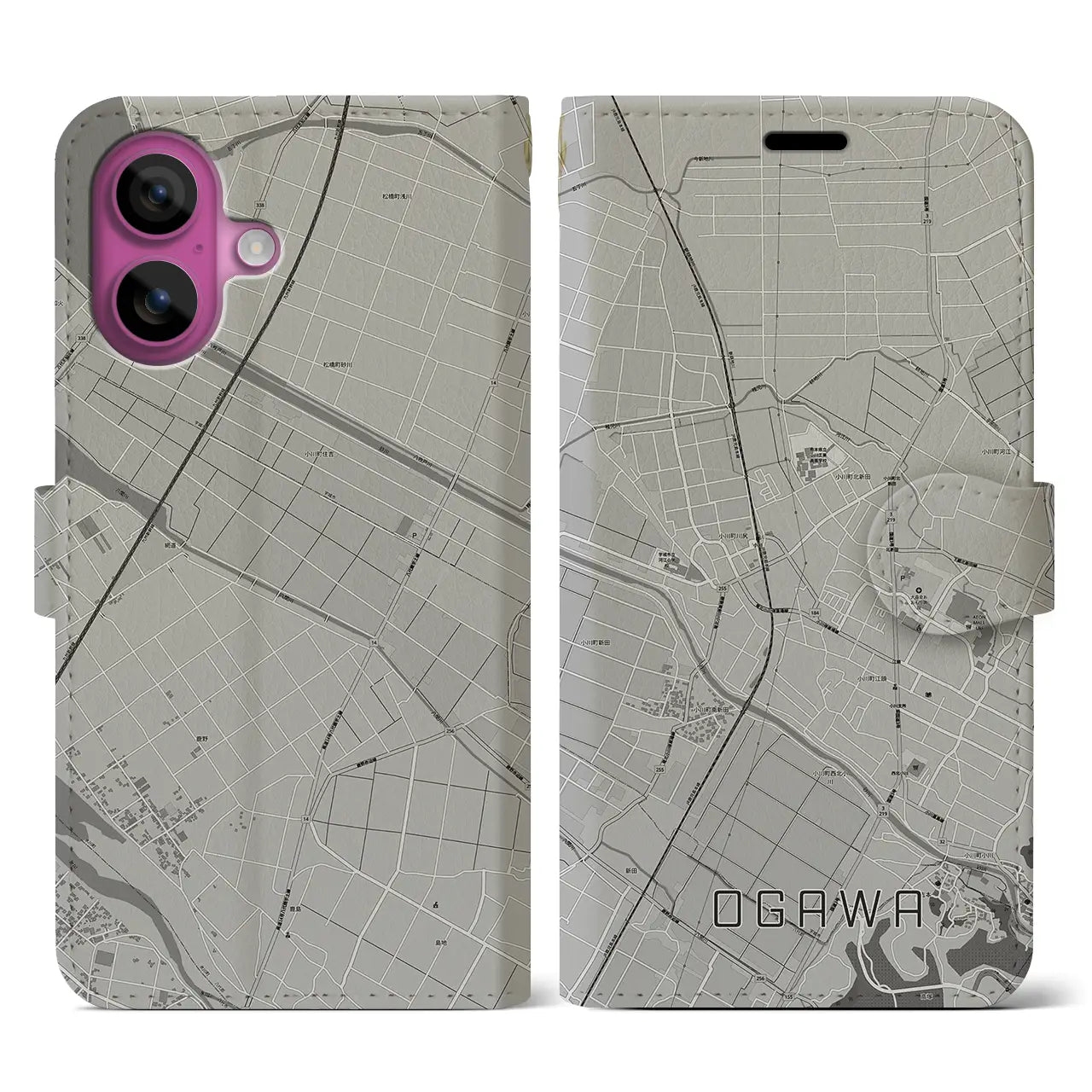 【小川(熊本県)】地図柄iPhoneケース(手帳タイプ)モノトーン・iPhone 16 Pro 用