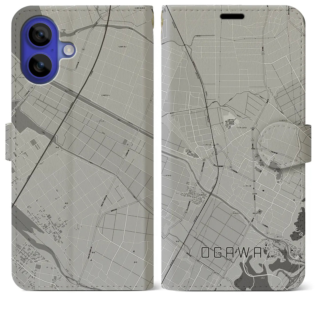 【小川(熊本県)】地図柄iPhoneケース(手帳タイプ)モノトーン・iPhone 16 Pro Max 用