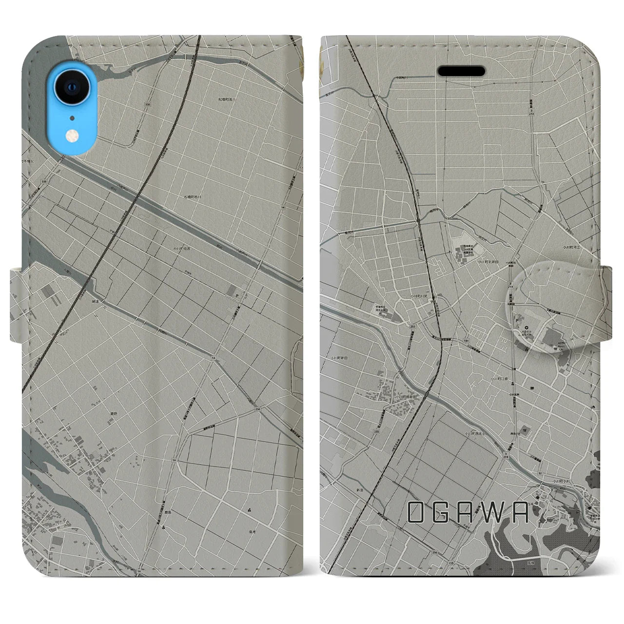 【小川(熊本県)】地図柄iPhoneケース(手帳タイプ)モノトーン・iPhone XR 用