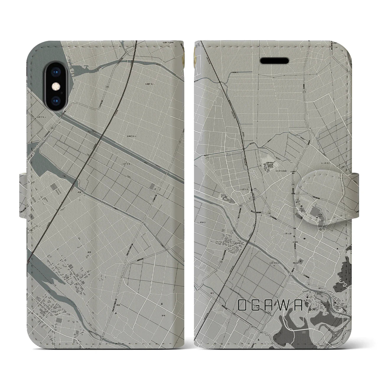【小川(熊本県)】地図柄iPhoneケース(手帳タイプ)モノトーン・iPhone XS / X 用
