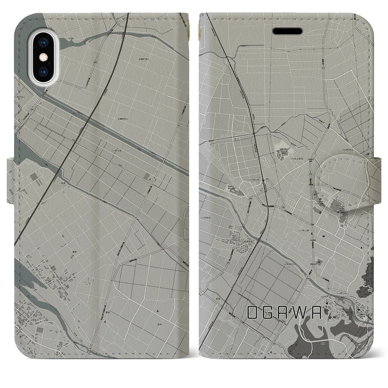【小川(熊本県)】地図柄iPhoneケース(手帳タイプ)モノトーン・iPhone XS Max 用