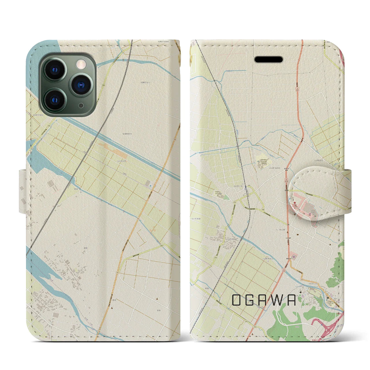 【小川(熊本県)】地図柄iPhoneケース(手帳タイプ)ナチュラル・iPhone 11 Pro 用