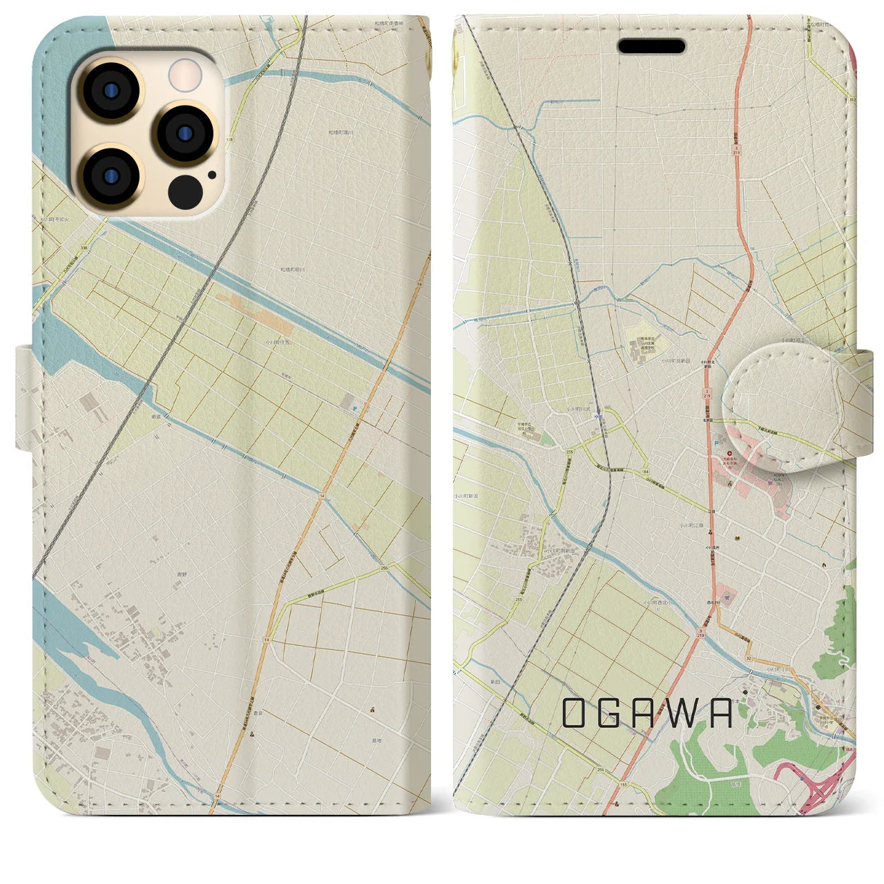 【小川(熊本県)】地図柄iPhoneケース(手帳タイプ)ナチュラル・iPhone 12 Pro Max 用