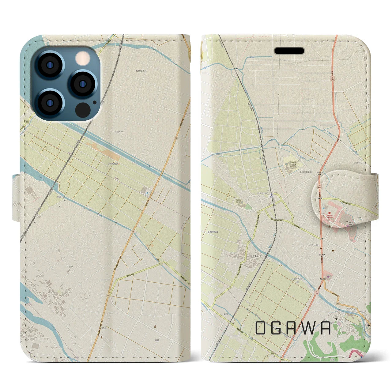 【小川(熊本県)】地図柄iPhoneケース(手帳タイプ)ナチュラル・iPhone 12 / 12 Pro 用