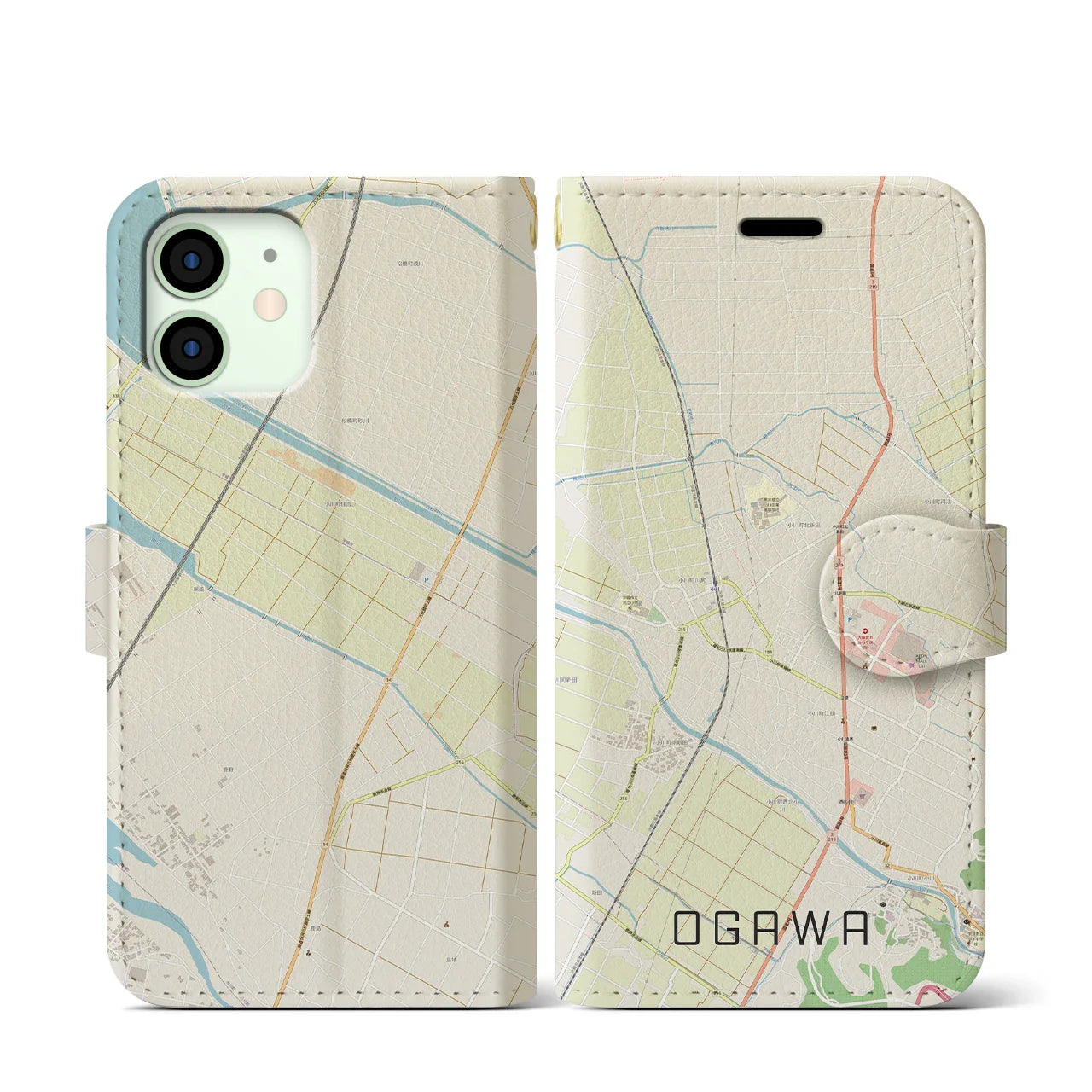 【小川(熊本県)】地図柄iPhoneケース(手帳タイプ)ナチュラル・iPhone 12 mini 用