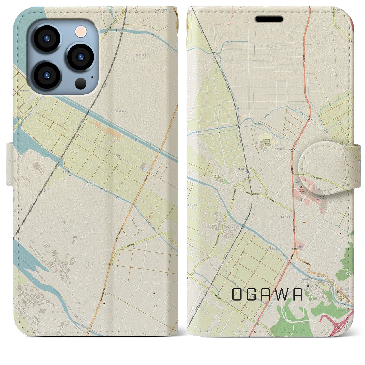 【小川(熊本県)】地図柄iPhoneケース(手帳タイプ)ナチュラル・iPhone 13 Pro Max 用