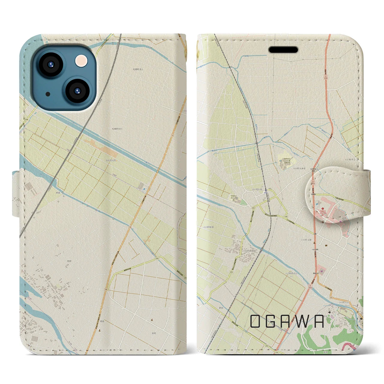 【小川(熊本県)】地図柄iPhoneケース(手帳タイプ)ナチュラル・iPhone 13 用