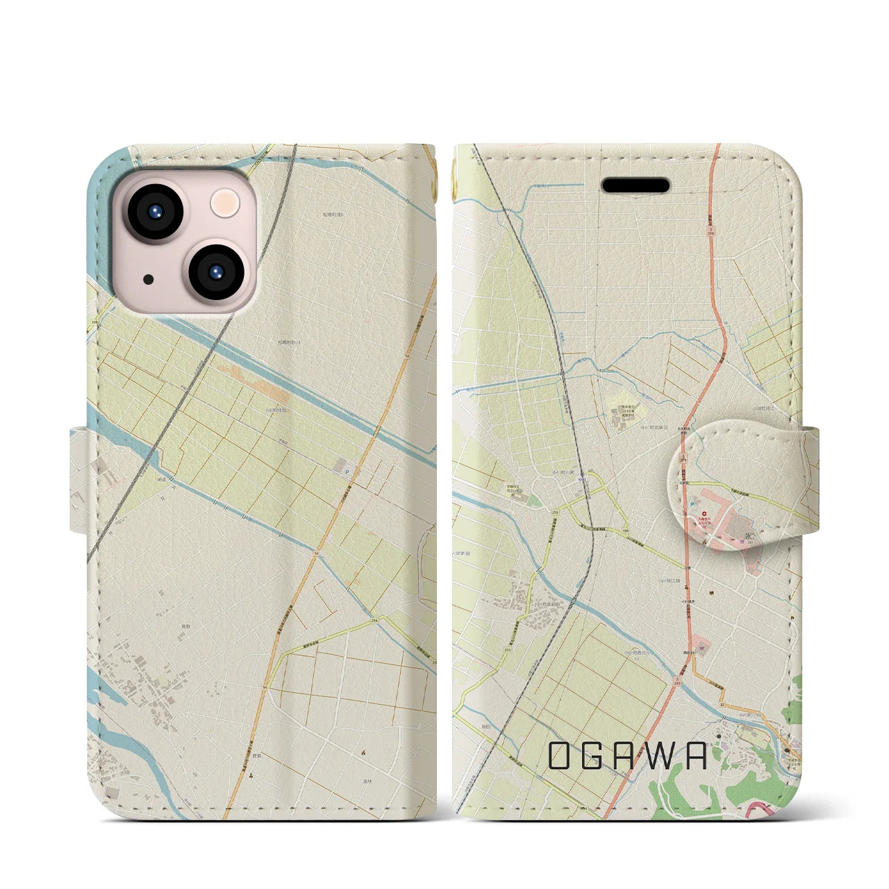 【小川(熊本県)】地図柄iPhoneケース(手帳タイプ)ナチュラル・iPhone 13 mini 用