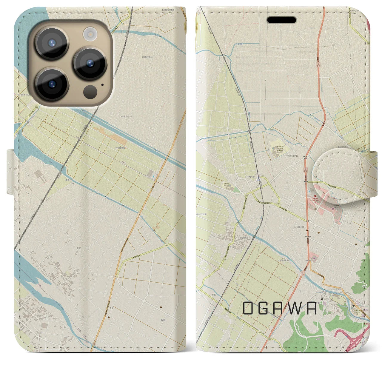 【小川(熊本県)】地図柄iPhoneケース(手帳タイプ)ナチュラル・iPhone 14 Pro Max 用