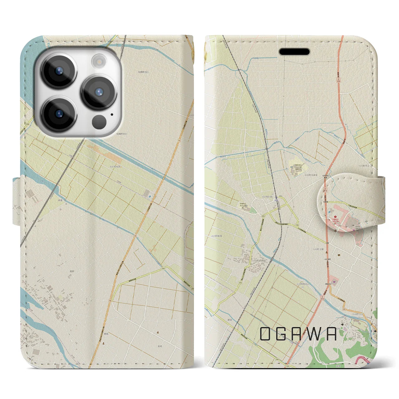 【小川(熊本県)】地図柄iPhoneケース(手帳タイプ)ナチュラル・iPhone 14 Pro 用