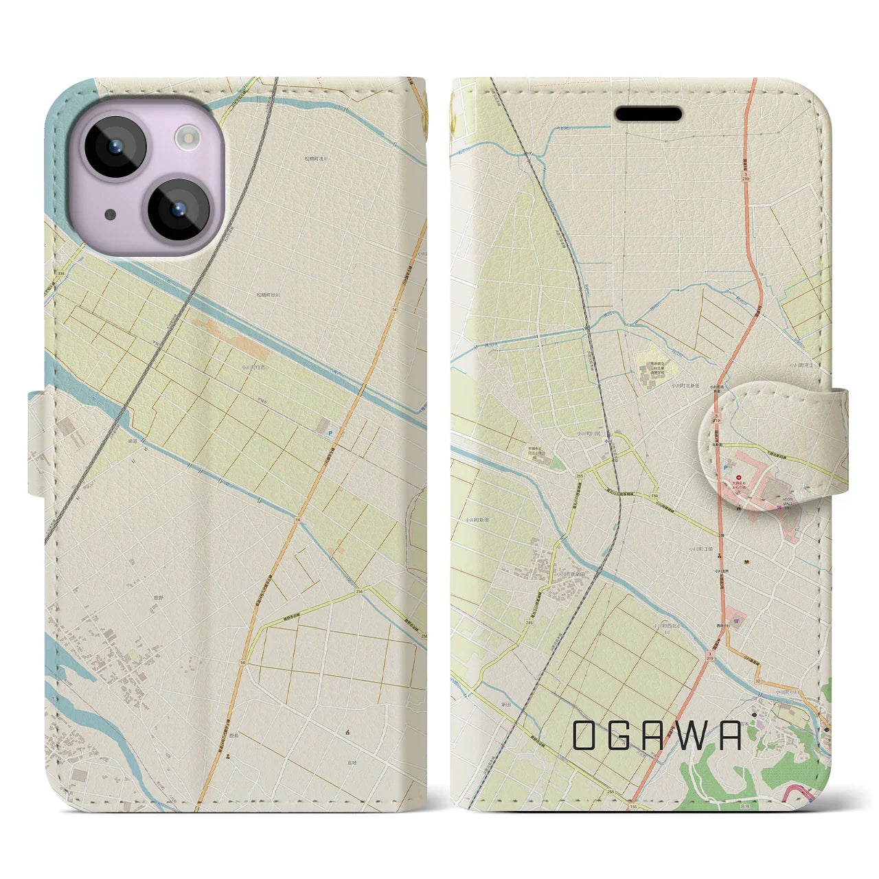 【小川(熊本県)】地図柄iPhoneケース(手帳タイプ)ナチュラル・iPhone 14 用