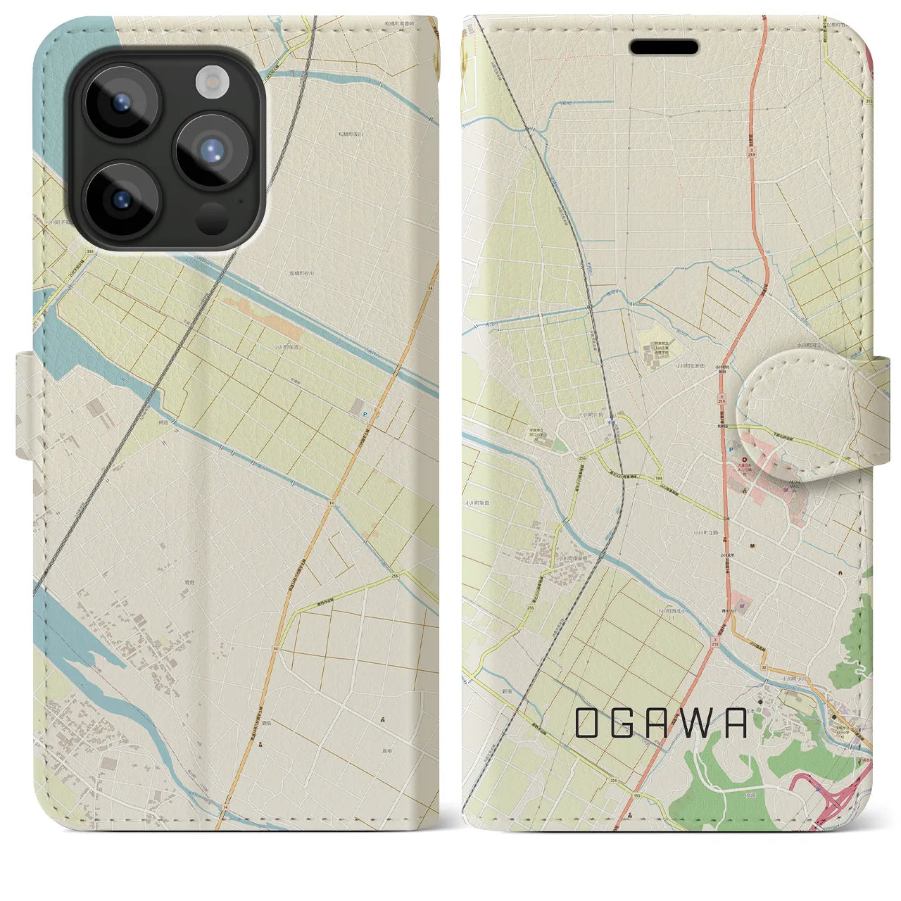【小川(熊本県)】地図柄iPhoneケース(手帳タイプ)ナチュラル・iPhone 15 Pro Max 用