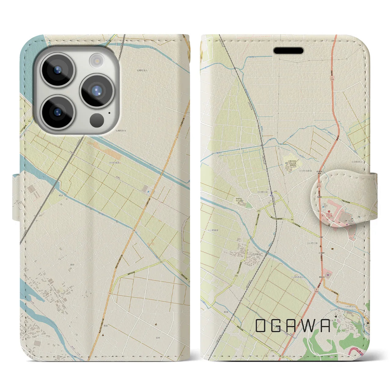 【小川(熊本県)】地図柄iPhoneケース(手帳タイプ)ナチュラル・iPhone 15 Pro 用
