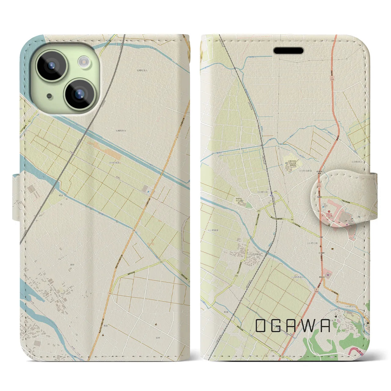【小川(熊本県)】地図柄iPhoneケース(手帳タイプ)ナチュラル・iPhone 15 用