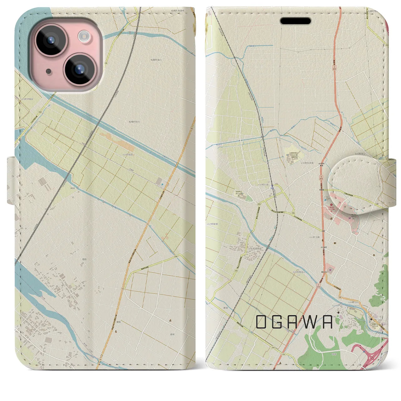 【小川(熊本県)】地図柄iPhoneケース(手帳タイプ)ナチュラル・iPhone 15 Plus 用