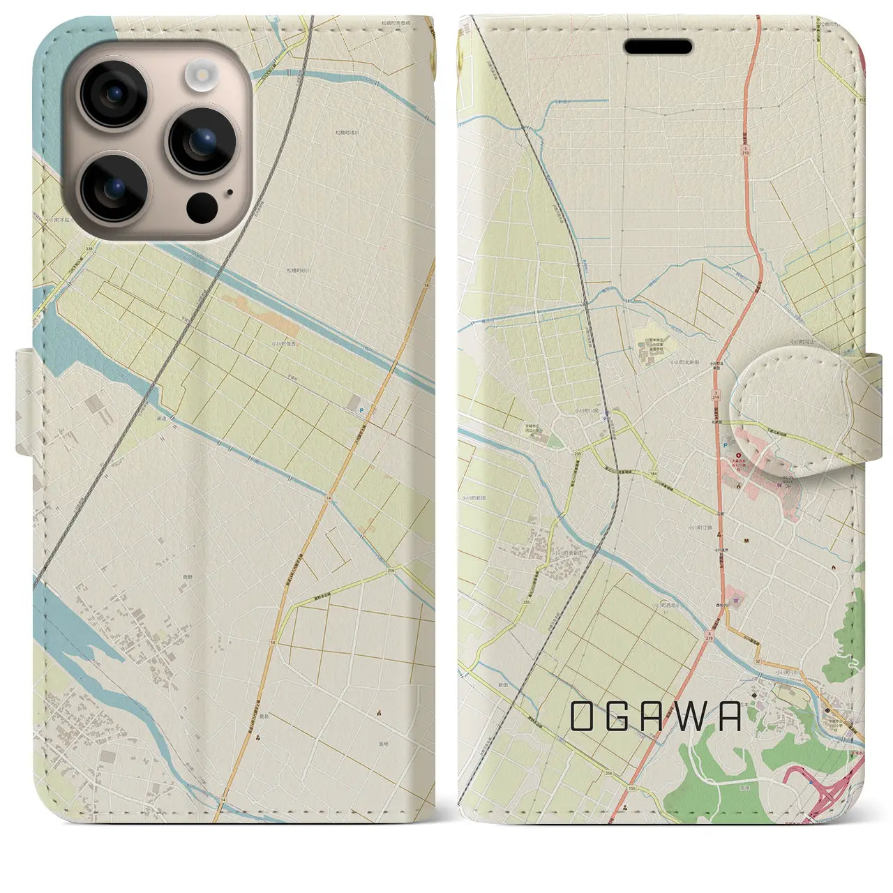 【小川(熊本県)】地図柄iPhoneケース(手帳タイプ)ナチュラル・iPhone 16 Plus 用