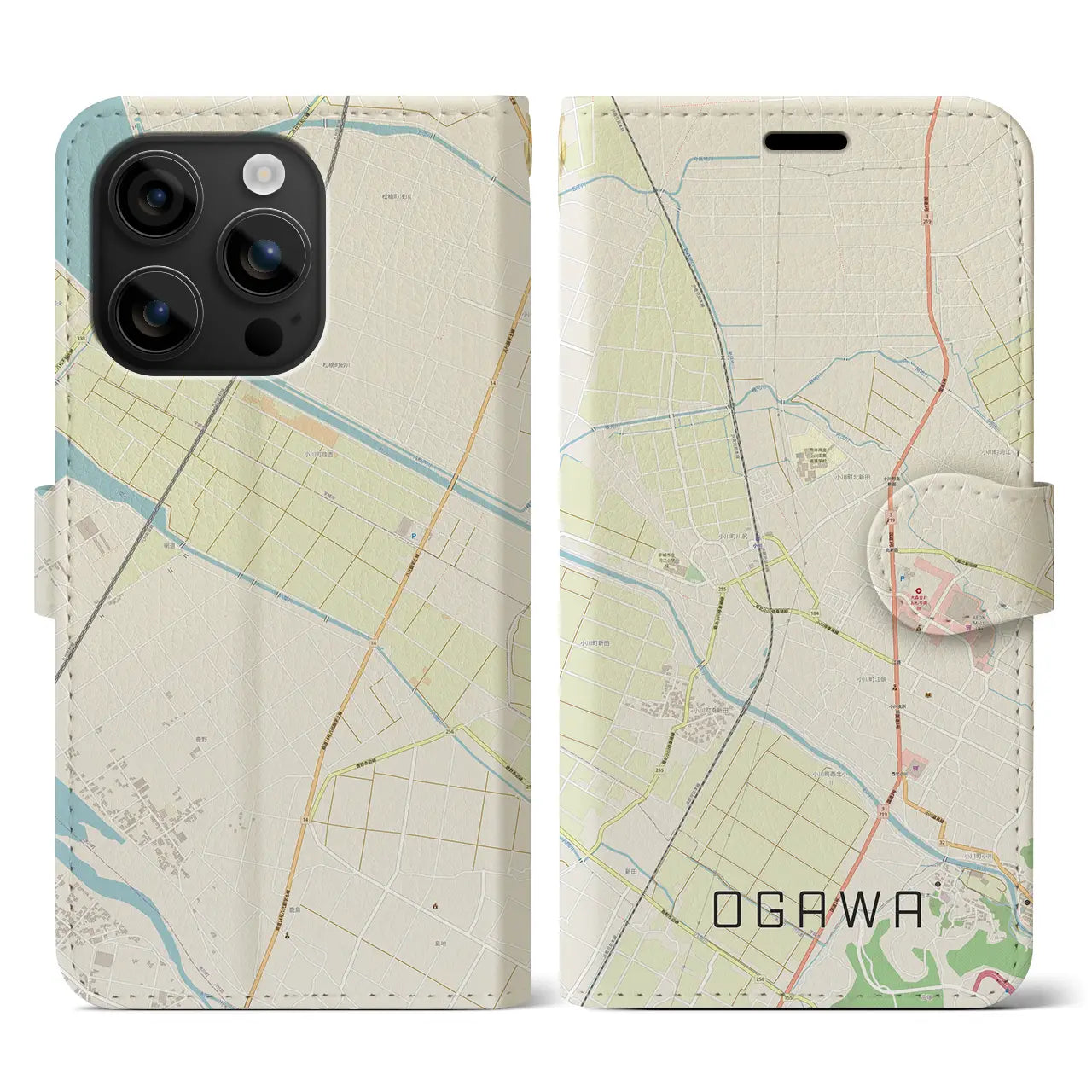 【小川(熊本県)】地図柄iPhoneケース(手帳タイプ)ナチュラル・iPhone 16 用