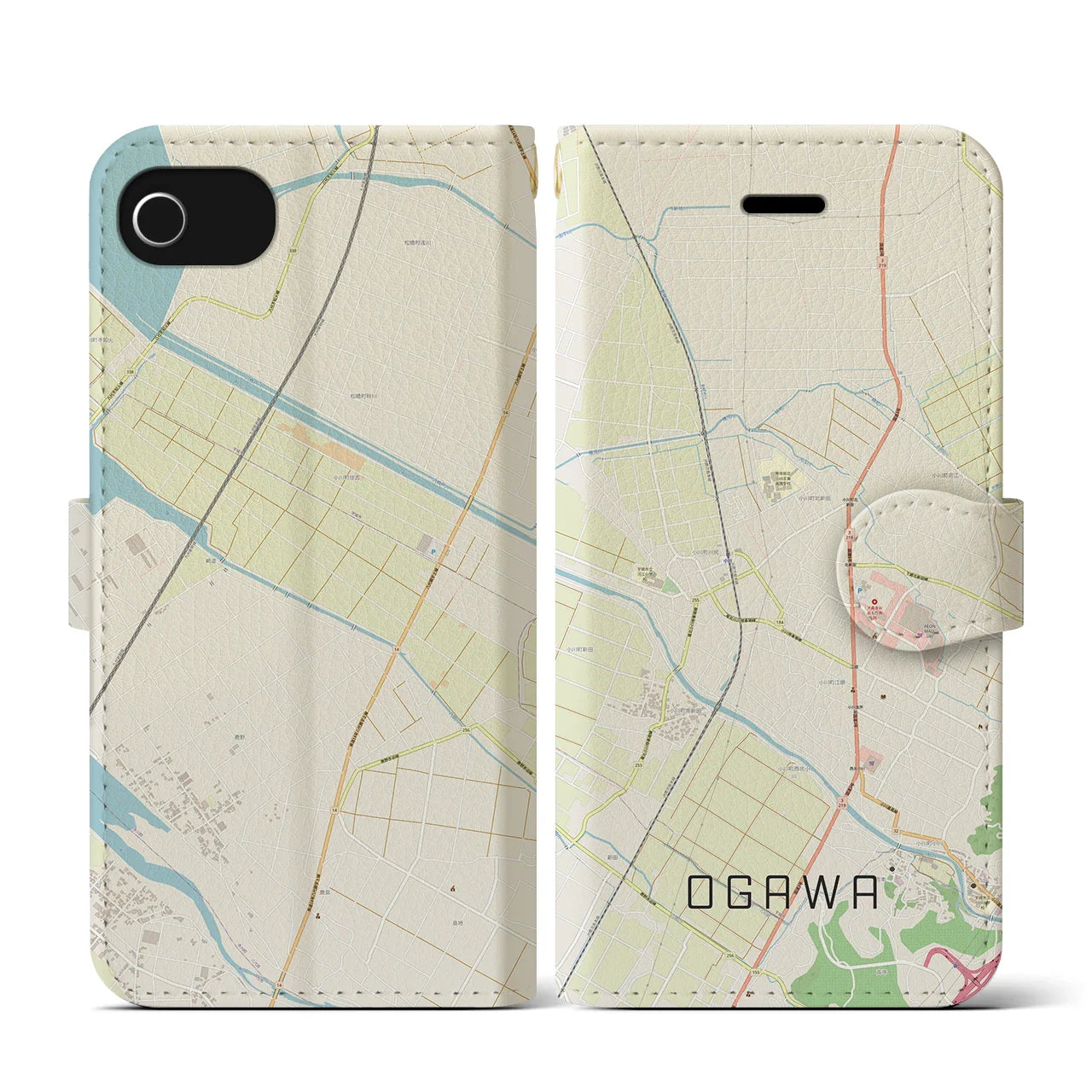 【小川(熊本県)】地図柄iPhoneケース(手帳タイプ)ナチュラル・iPhone SE(第3 / 第2世代) / 8 / 7 / 6s / 6 用