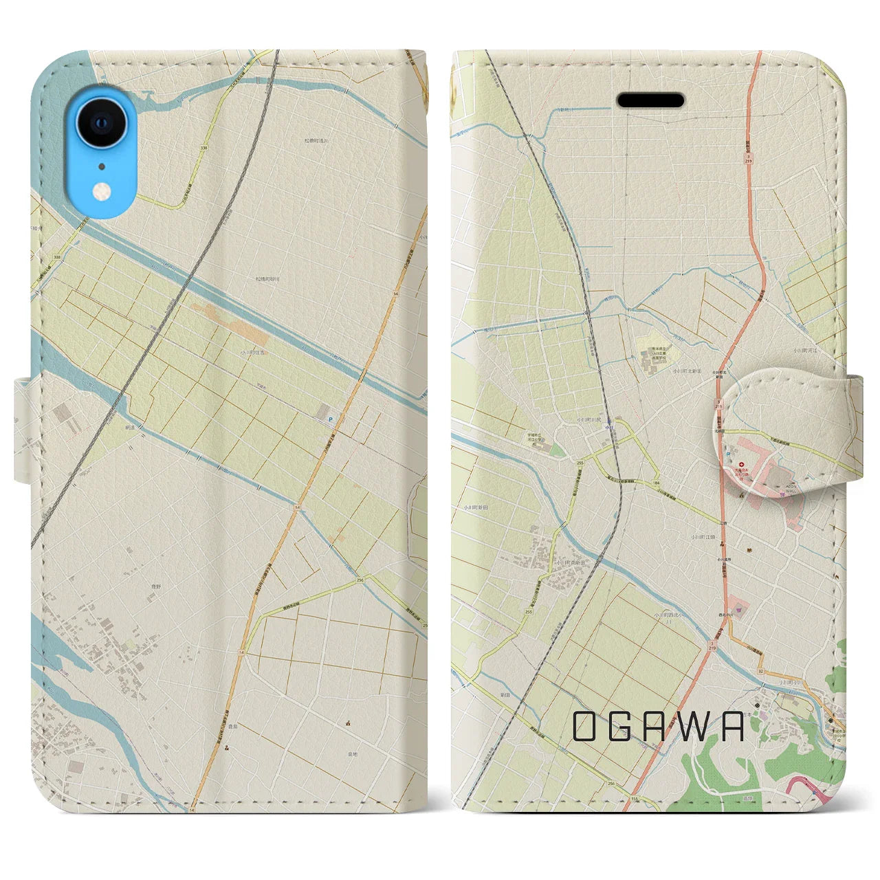 【小川(熊本県)】地図柄iPhoneケース(手帳タイプ)ナチュラル・iPhone XR 用