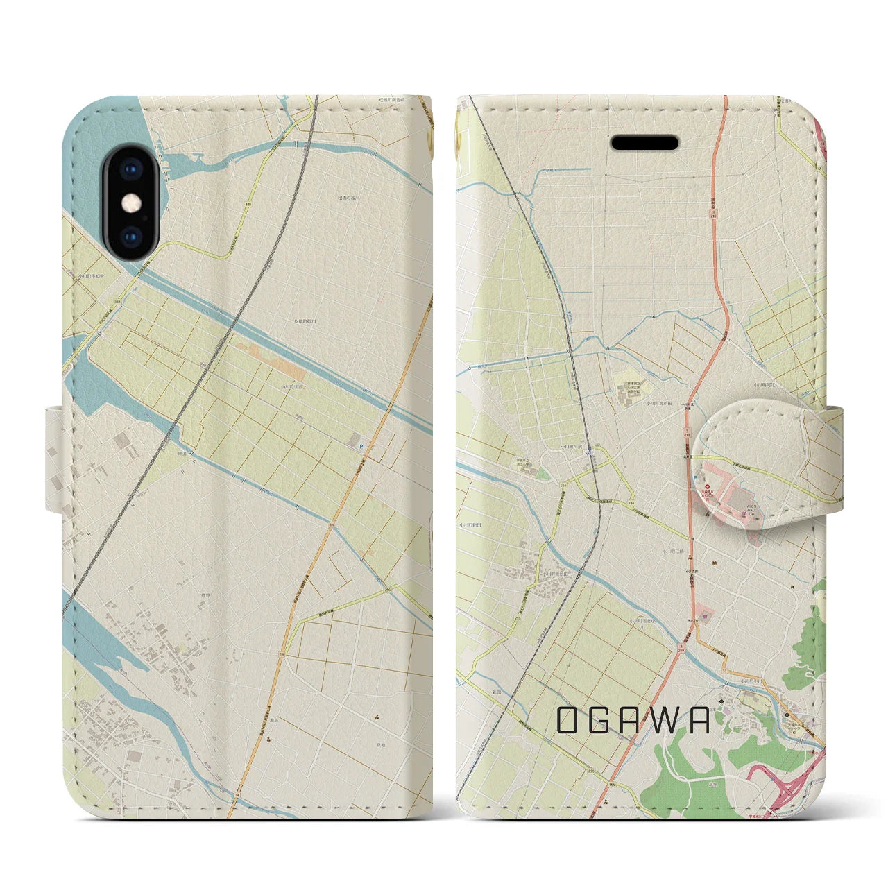 【小川(熊本県)】地図柄iPhoneケース(手帳タイプ)ナチュラル・iPhone XS / X 用