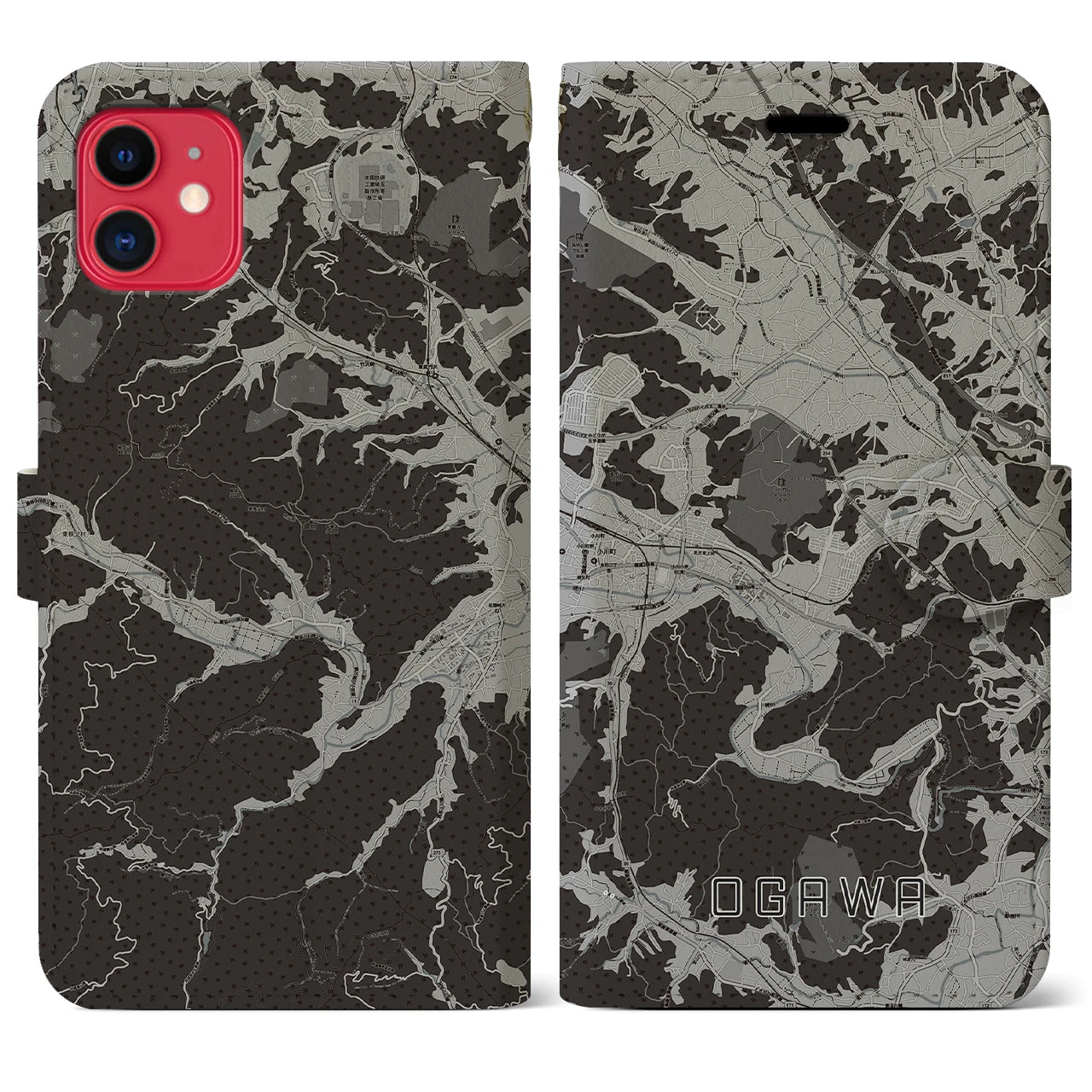 【小川(埼玉県)】地図柄iPhoneケース(手帳タイプ)モノトーン・iPhone 11 用