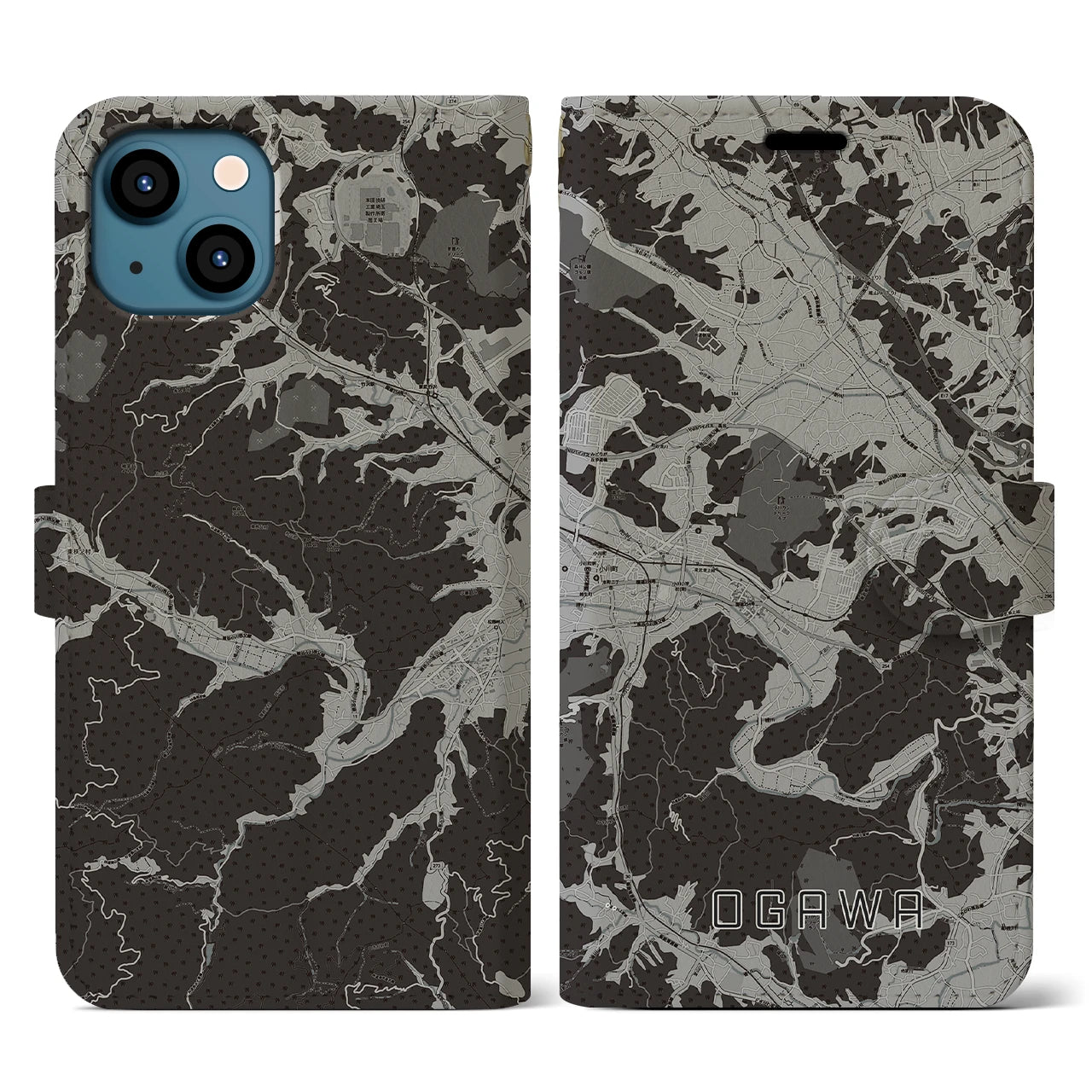 【小川(埼玉県)】地図柄iPhoneケース(手帳タイプ)モノトーン・iPhone 13 用