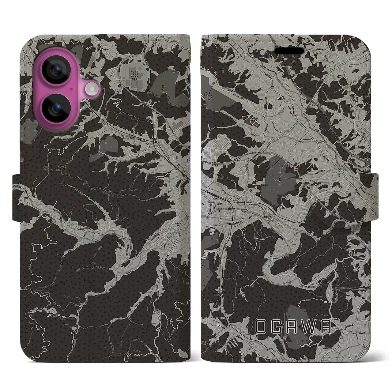 【小川(埼玉県)】地図柄iPhoneケース(手帳タイプ)モノトーン・iPhone 16 Pro 用