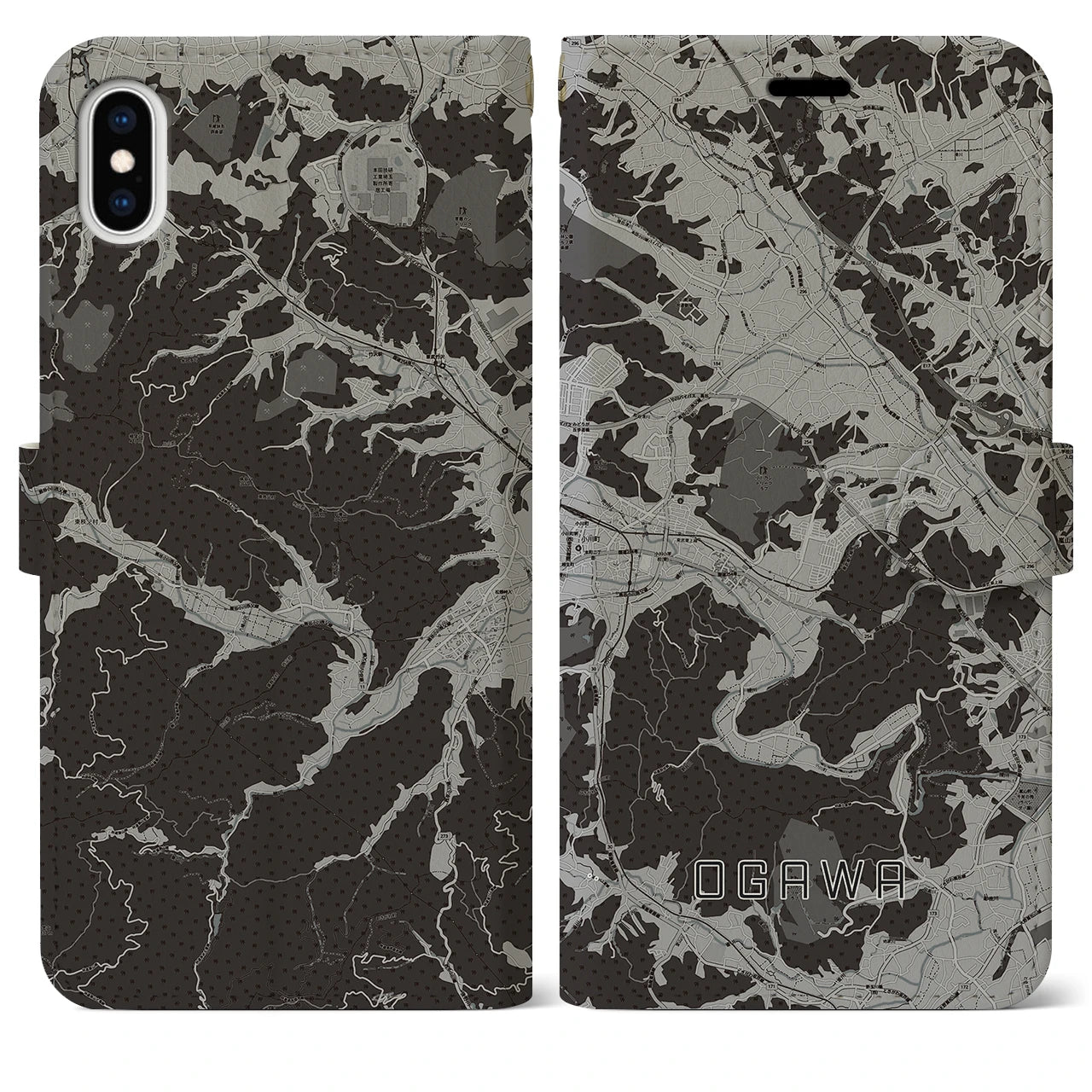 【小川(埼玉県)】地図柄iPhoneケース(手帳タイプ)モノトーン・iPhone XS Max 用