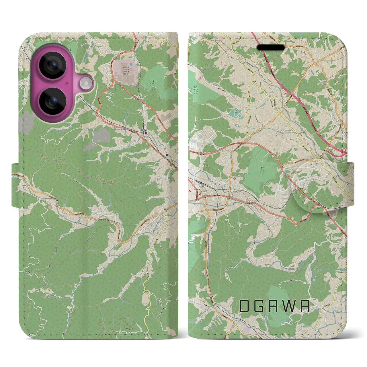 【小川(埼玉県)】地図柄iPhoneケース(手帳タイプ)ナチュラル・iPhone 16 Pro 用