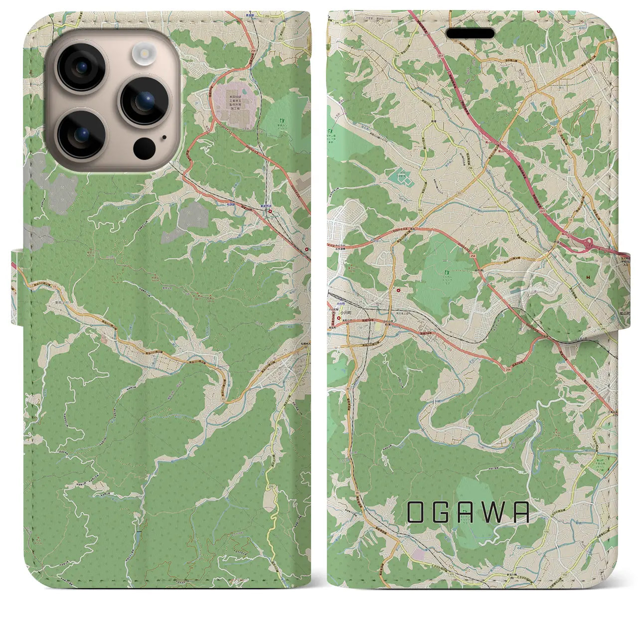 【小川(埼玉県)】地図柄iPhoneケース(手帳タイプ)ナチュラル・iPhone 16 Plus 用