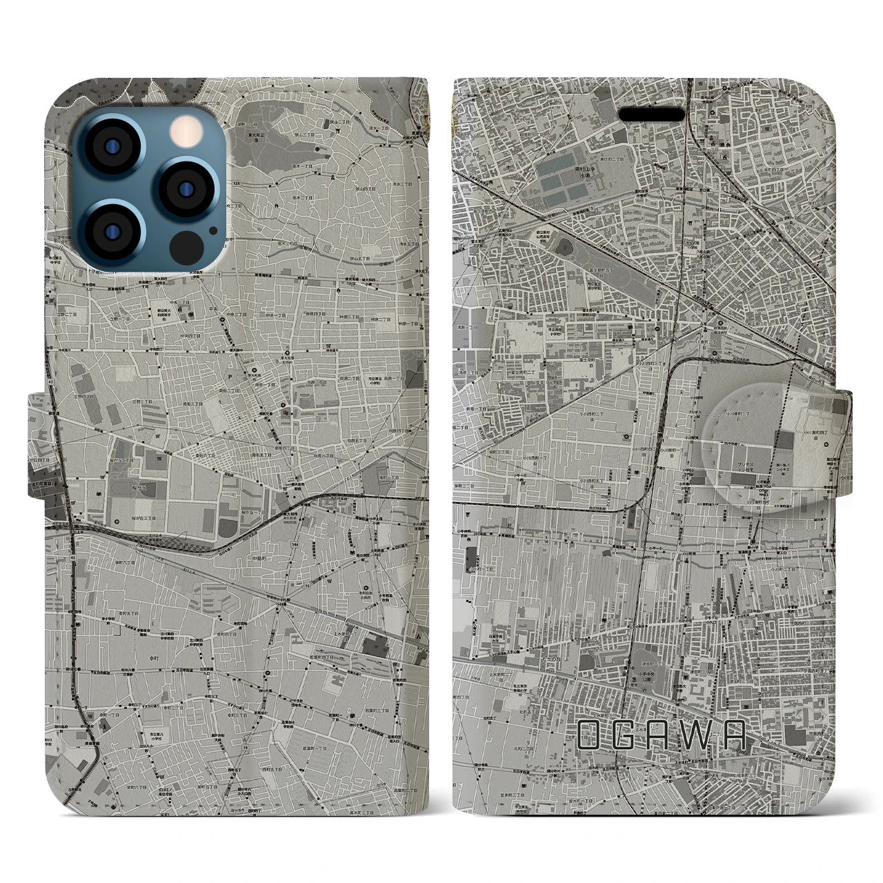 【小川(東京都)】地図柄iPhoneケース(手帳タイプ)モノトーン・iPhone 12 / 12 Pro 用