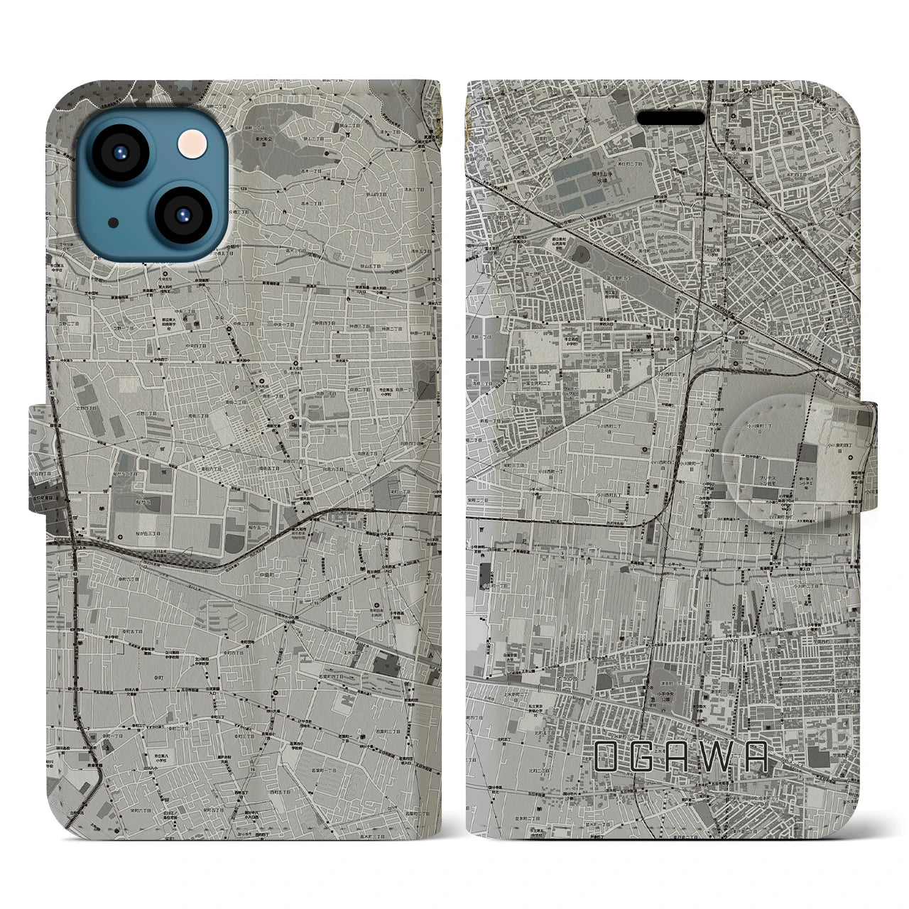 【小川(東京都)】地図柄iPhoneケース(手帳タイプ)モノトーン・iPhone 13 用
