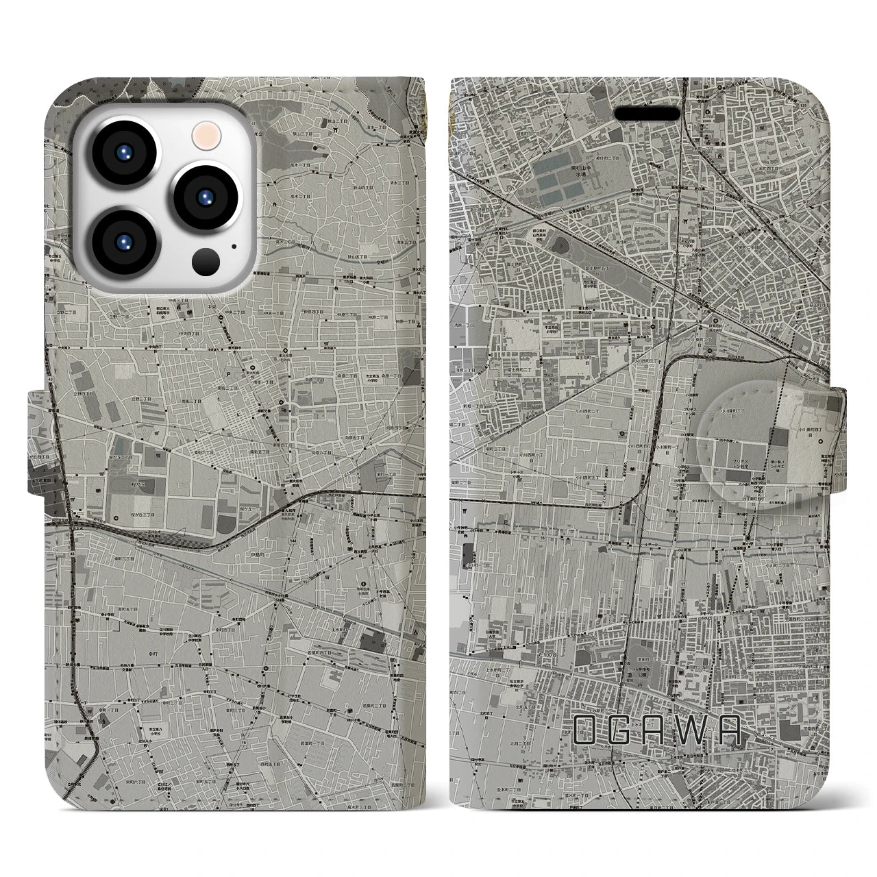 【小川(東京都)】地図柄iPhoneケース(手帳タイプ)モノトーン・iPhone 13 Pro 用