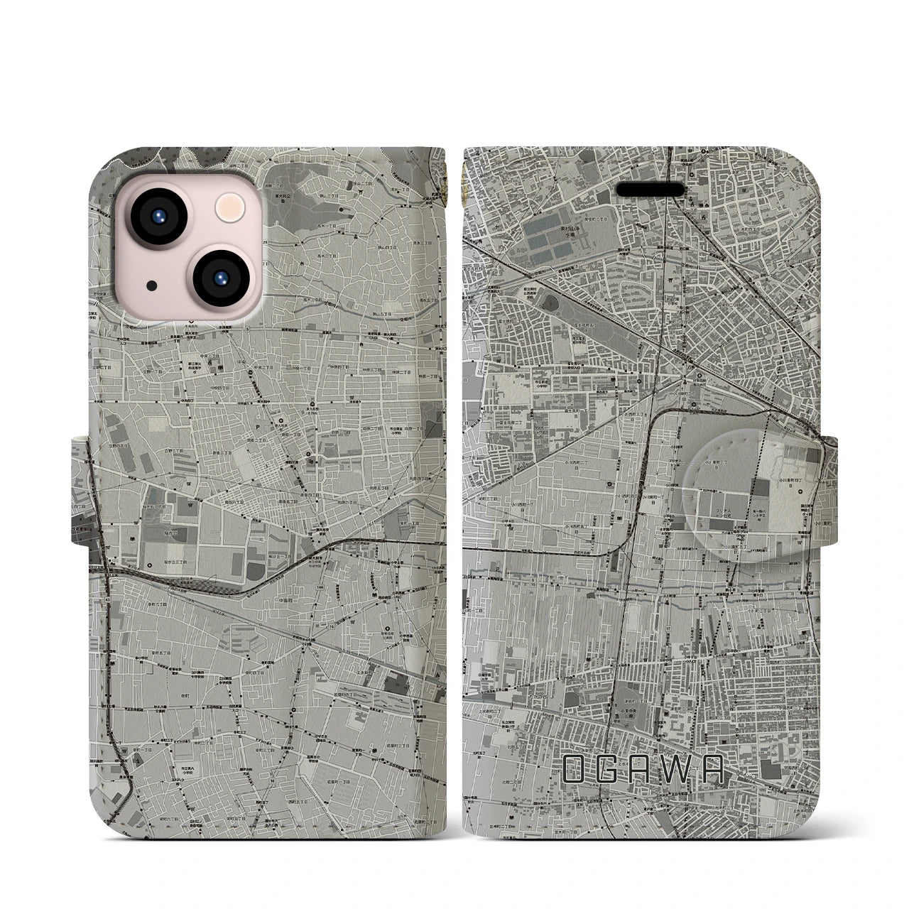 【小川(東京都)】地図柄iPhoneケース(手帳タイプ)モノトーン・iPhone 13 mini 用
