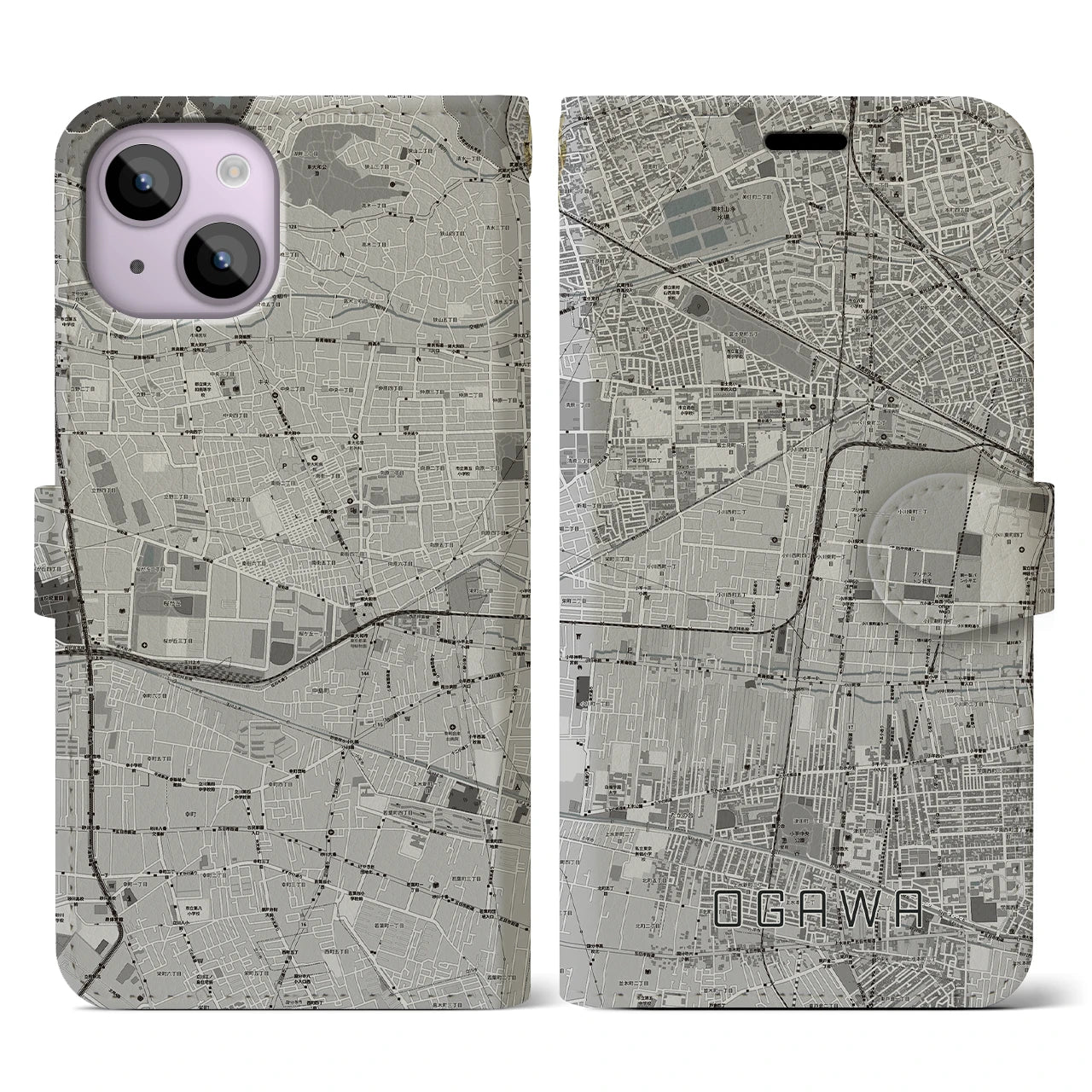 【小川(東京都)】地図柄iPhoneケース(手帳タイプ)モノトーン・iPhone 14 用